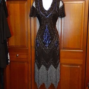 roaring 20s great gatsby braded & fringe dress M black silver blue. Illusion